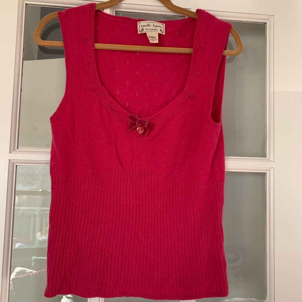 Nanette Lepore Hot Pink Cashmere Pointelle Sweater Tank Vest Top Large